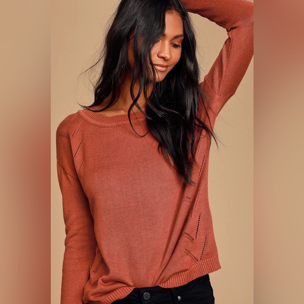 Lulus Pointelle Me More Rust Orange Knit Sweater, size XS